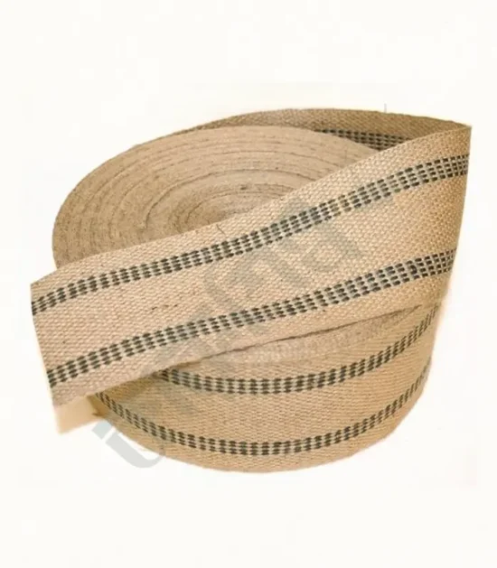 Natural jute webbing with a black stripe pattern.