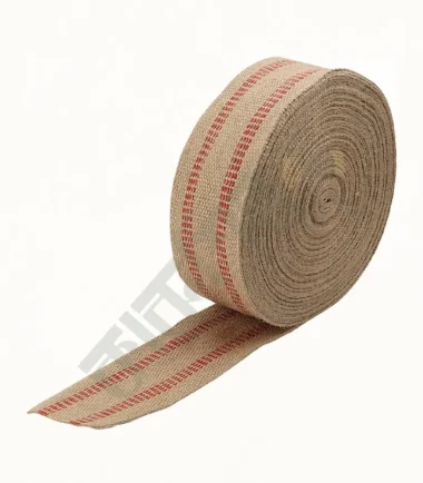 Natural jute webbing with a red stripe pattern.