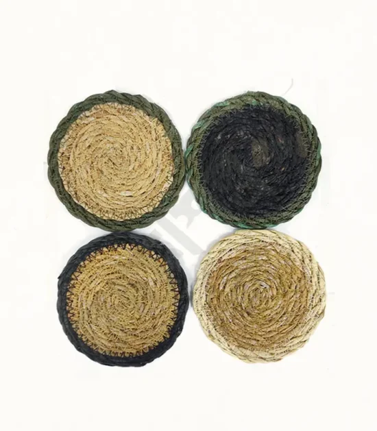 Natural seagrass coaster with a woven design for protecting surfaces.