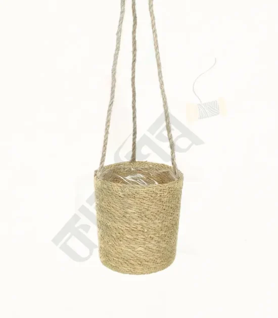 Seagrass hanging planter with a natural, decorative design.