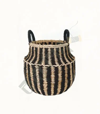 Handwoven seagrass belly basket for storage and home decor.