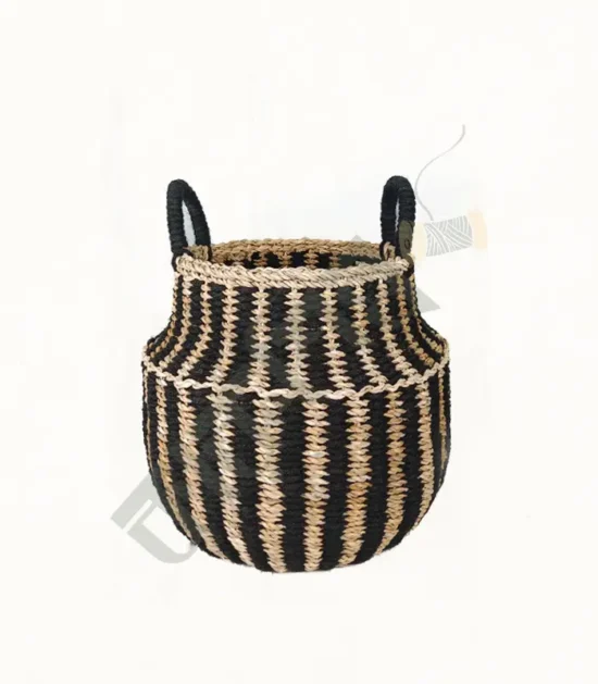 Handwoven seagrass belly basket for storage and home decor.