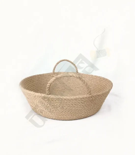 Jute fruit basket for storing and displaying fresh fruit.