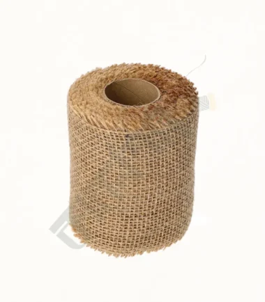 Natural jute frayed burlap fabric with a rustic texture.