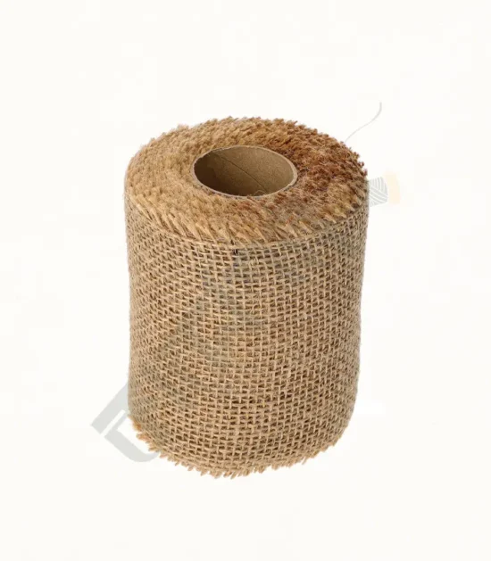 Natural jute frayed burlap fabric with a rustic texture.