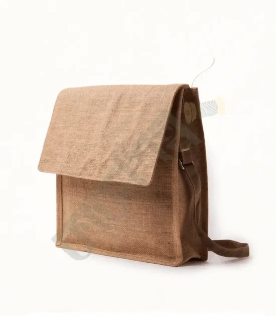 Natural jute college bag with multiple compartments and sturdy handles.