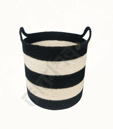 Durable jute storage basket with handles and a woven texture for organization."