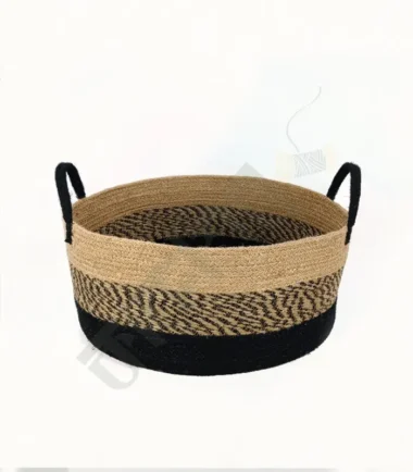 Natural jute storage basket with handles and a spacious interior.