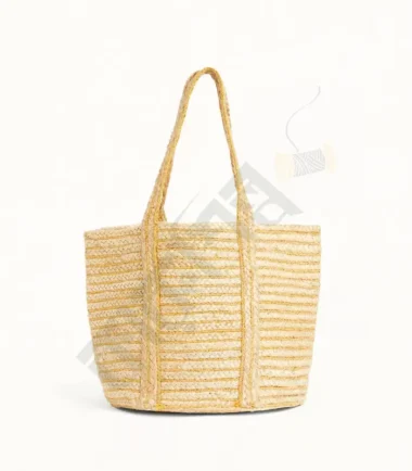 Natural jute tote bag with spacious interior and sturdy handles.