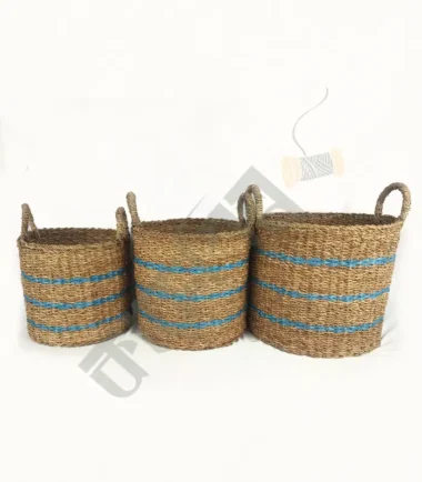 Set of handwoven seagrass planter baskets in various sizes, perfect for indoor plants.